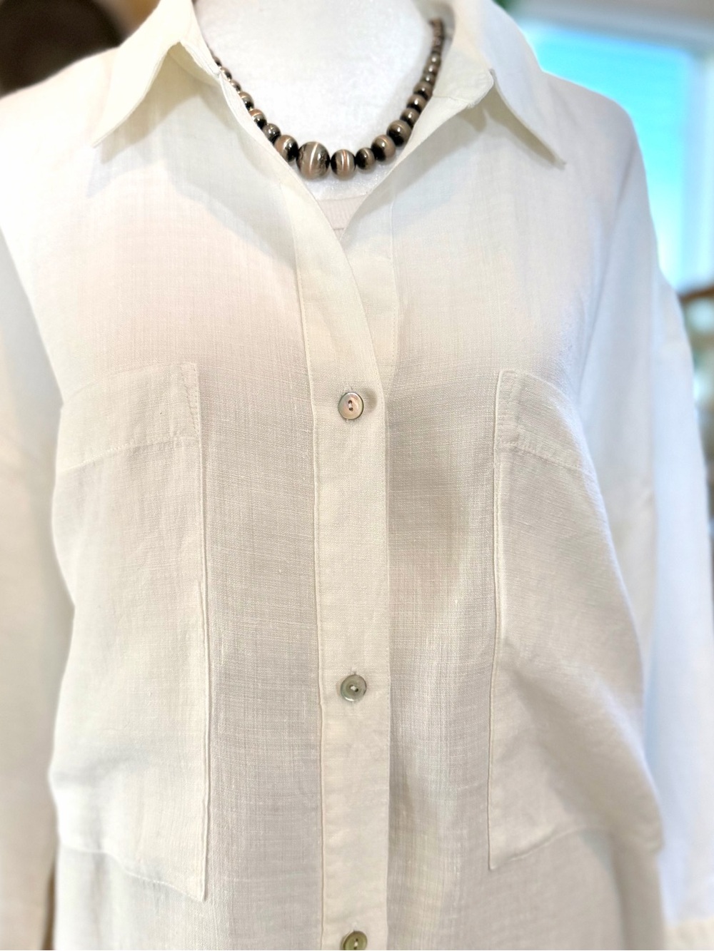 Eileen Fisher Top Linen Tencel White Collared Button Down Shirt Blouse Spring L - Picture 6 of 10